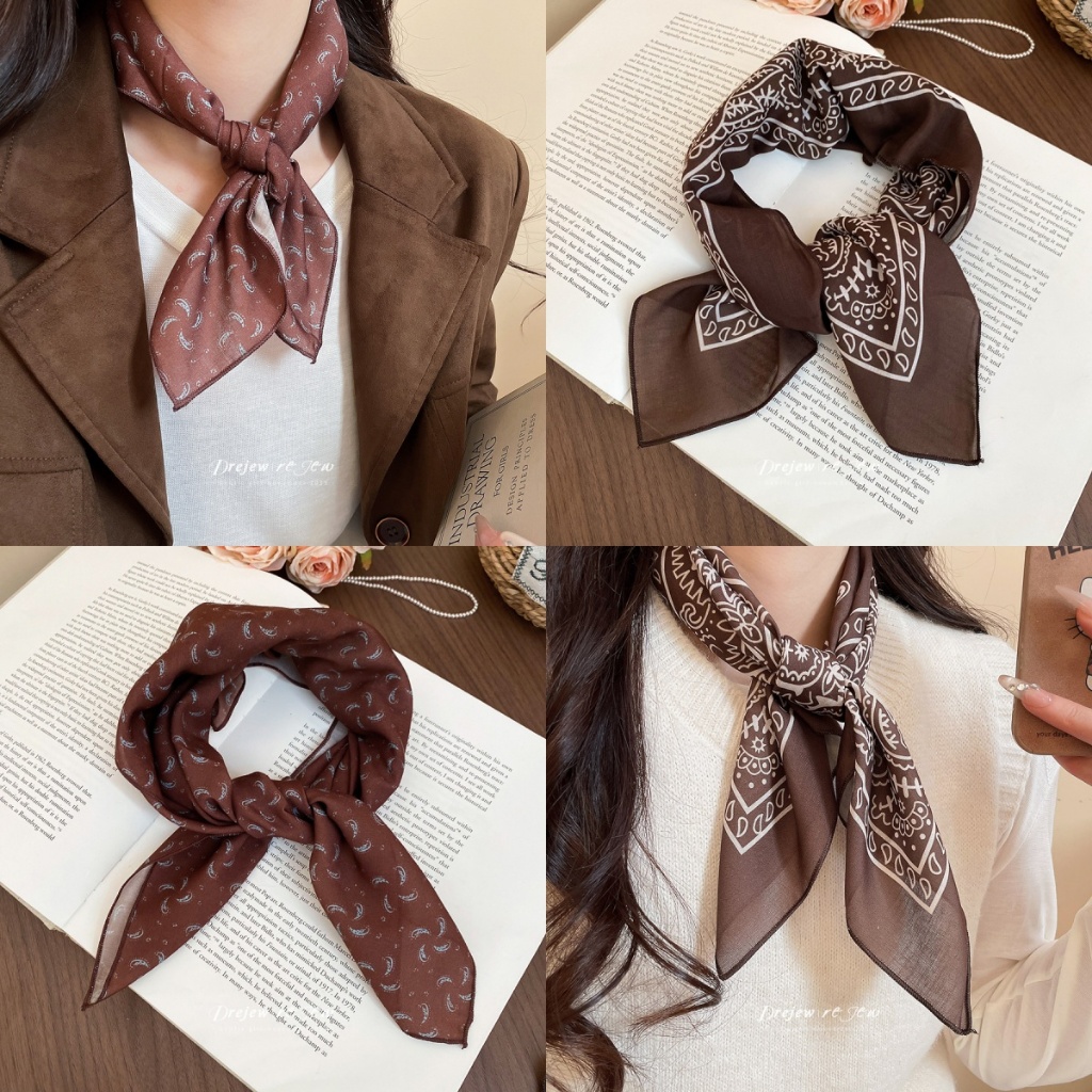 ผ้าพันคอมินิ Paisley โทนน้ำตาล สำหรับสุภาพสตรี ดีไซน์แฟชั่นประจำวัน ผ้าไหม ea4