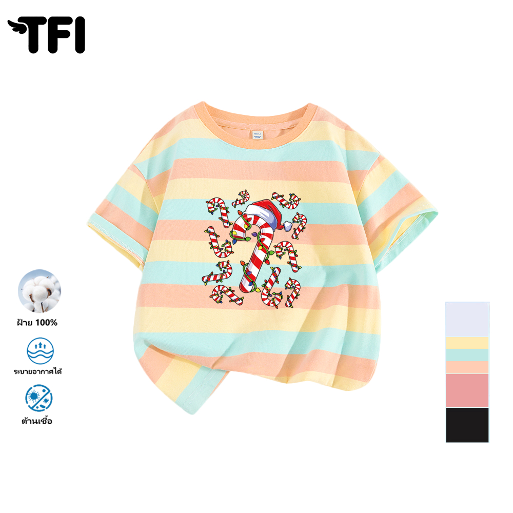 TFI เสื้อยืดแขนสั้นเด็ก สไตล์ลำลอง summer หมวกคริสต์มาส พิมพ์ลาย คอตตอน คอกลม หลวมและระบายอากาศ สำหร