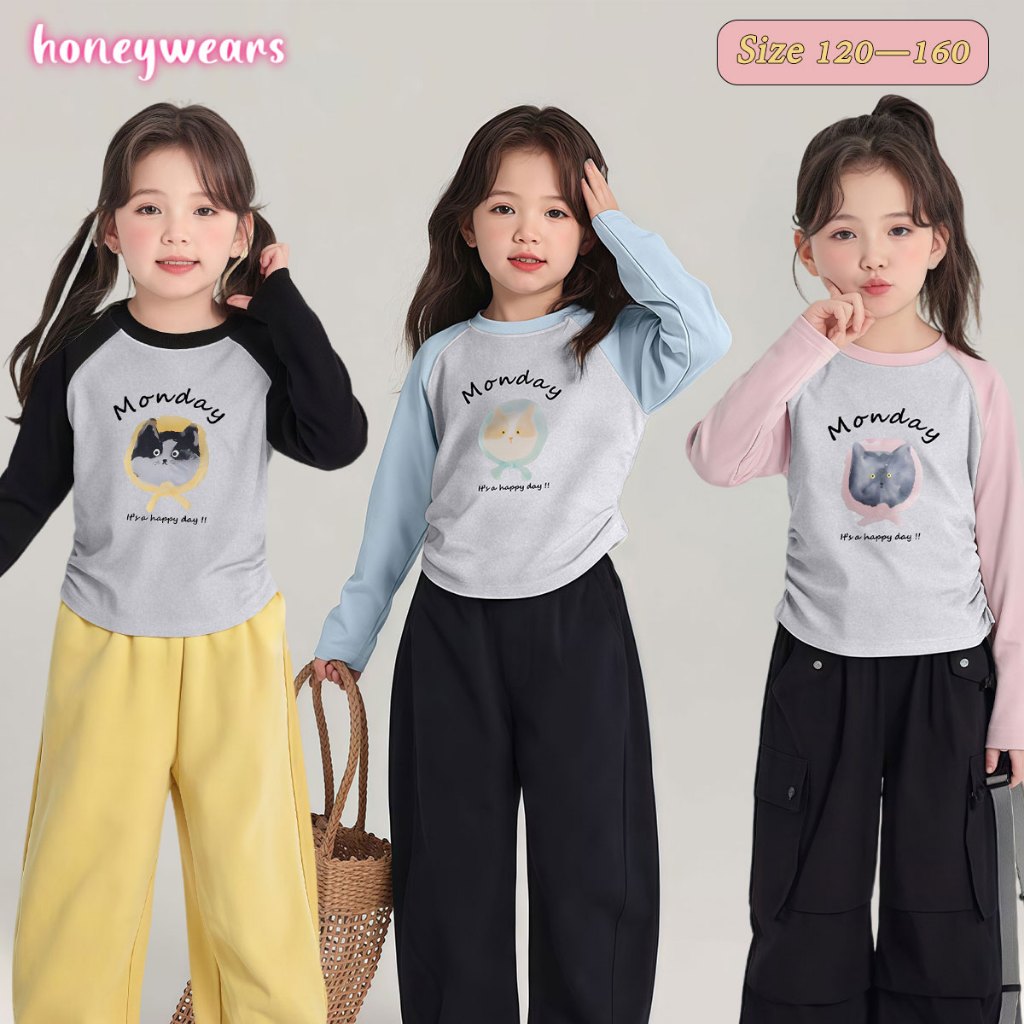 honeywears⚡พร้อมส่ง⚡เสื้อยืดแขนยาวเด็กผู้หญิง เสื้อเด็กสไตล์ตะวันตก ผ้านิ่มใส่สบาย น่ารักใหม่ ลายการ์ตูน เหมาะสมฤดูใบไม้ผลิกาลฤดูใบไม้ร่วง ไซส์ 120-160