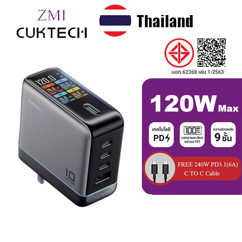 CUKTECH NO.10 GaN 120W Fast Charger ตัวแปลงไฟแบบปรับได้จอแสดงผลดิจิตอลชาร์จ