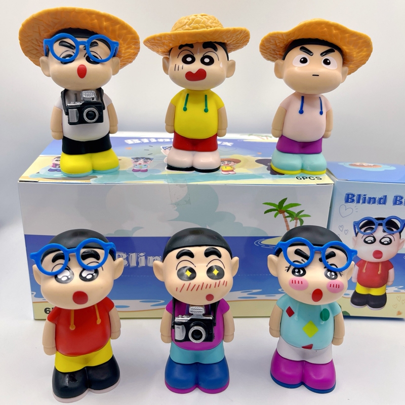 6 ชิ้น/เซ็ต 9 ซม.Crayon Shin-chan อะนิเมะรูป Nohara Shinnosuke กล้องหมวกฟาง PVC Action Figures รุ่นเ