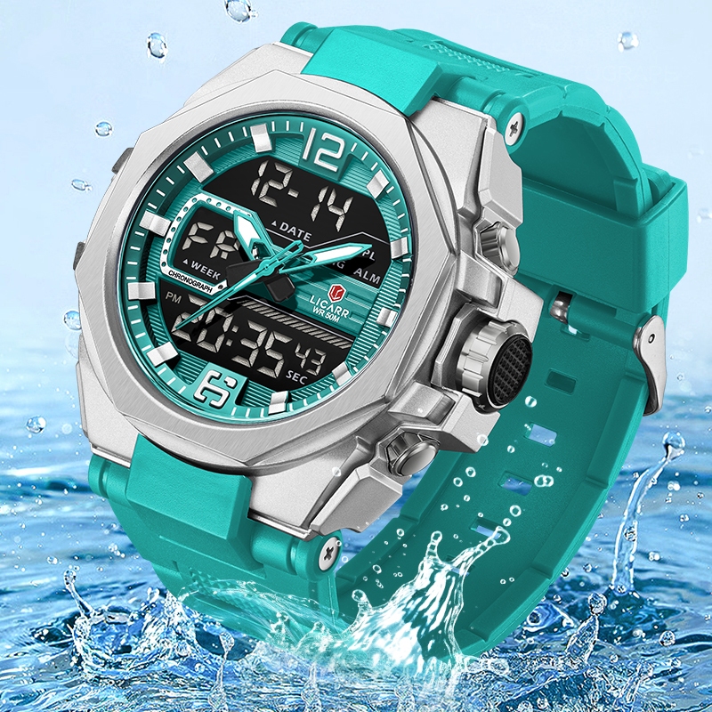 ลิการ์ แบรนด์ชั้นนําแฟชั่นนาฬิกาผู้ชายกีฬากันน้ําปลุกปฏิทินแสงนาฬิกาจับเวลาควอตซ์ดิจิตอล 9542