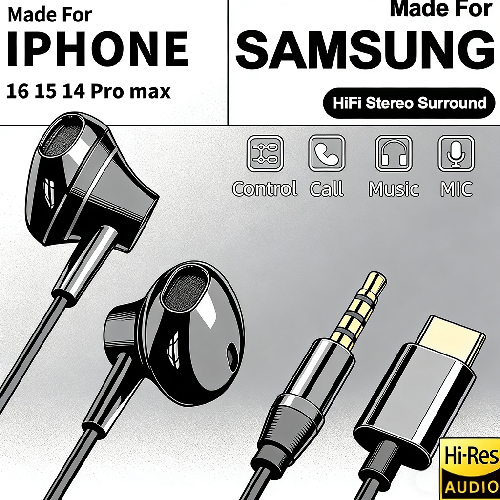ຊຸດຫູຟັງ USB Type-C HiFi ສະເຕຣິໂອ ມີໄມໂຄຣໂຟນ ຄວບຄຸມສຽງ 3.5mm ໃຊ້ໄດ້ກັບ Galaxy S25/S24/S23 Ultra ແລະ iPhone 15/16