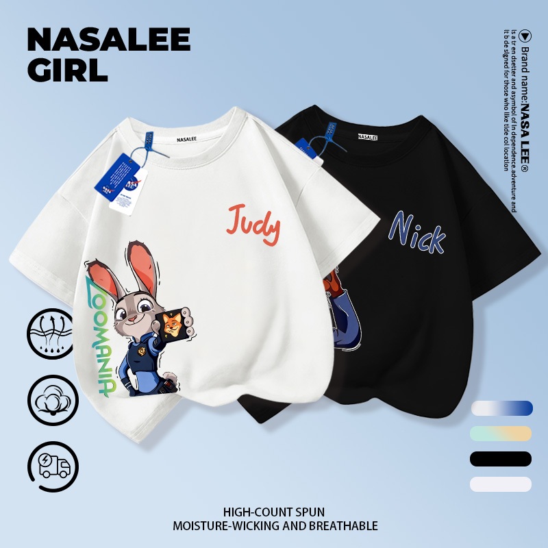 【จัดส่งทันทีวันเดียวกัน】เสื้อยืดแขนสั้น NASA สำหรับเด็ก สีขาว ทำจากผ้าฝ้ายระบายอากาศดี ลวดลายจูดีและนิคสไตล์ทันสมัย เหมาะสำหรับเด็กอายุ 1-14 ปี (ทั้งชายและหญิง) แบบแฟชั่น