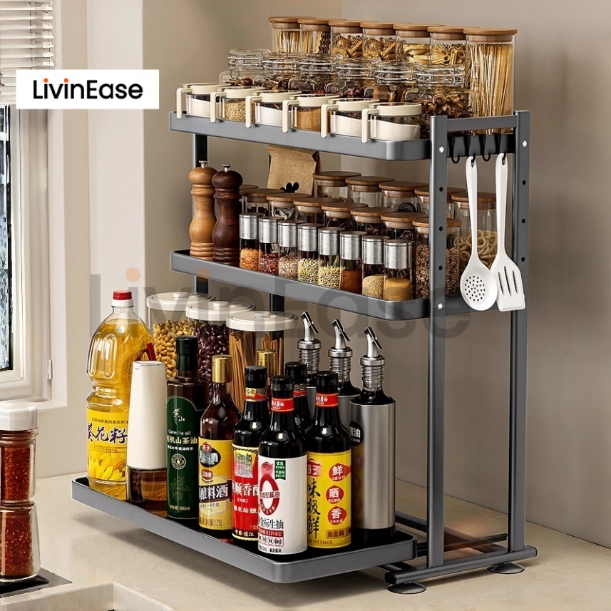 LivinEase ชั้นวางของในครัวแบบแคบ ดึงออกได้พร้อมรางนำทาง ที่จัดเก็บปรับระดับได้ สำหรับตู้และเคาน์เตอร์