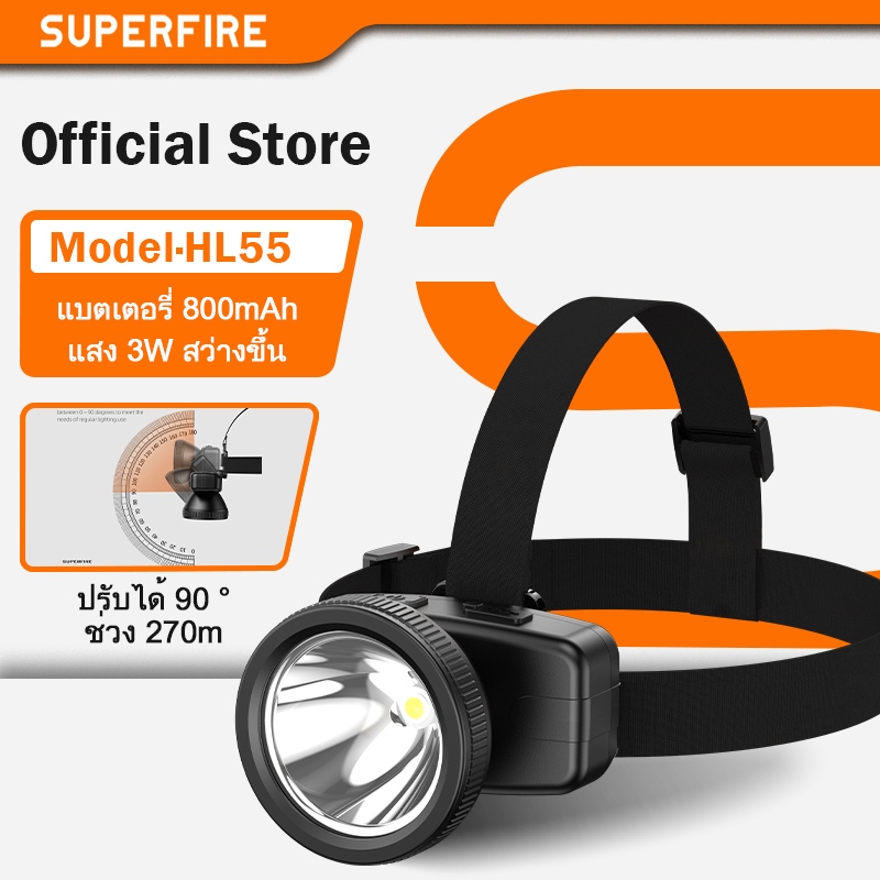 SUPERFIRE HL55 ไฟหน้ากําลังสูง LED ไฟหน้า ไฟหน้าแบบชาร์จไฟได้ Super Bright กันน้ํา