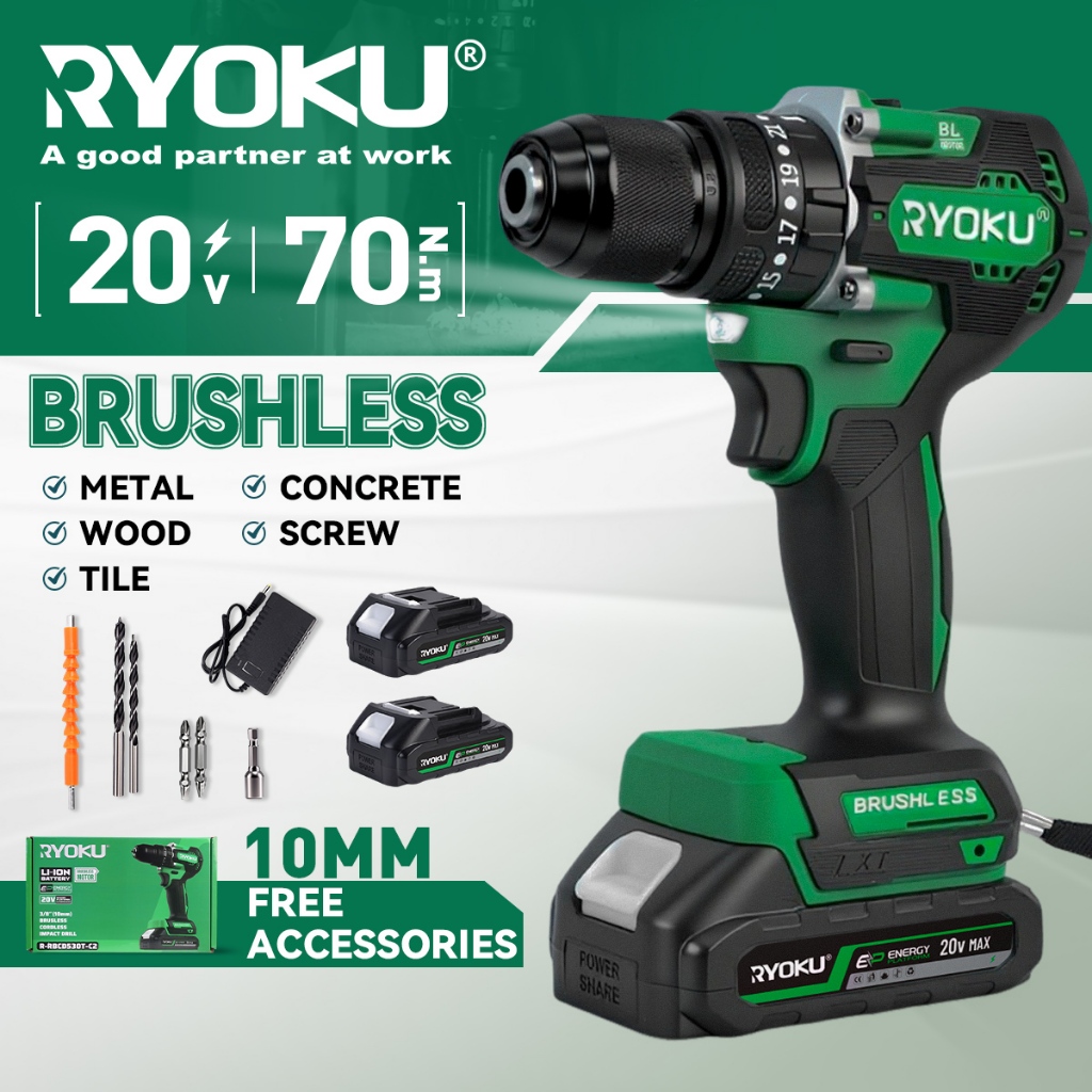 RYOKU สว่านไร้สายแบบกระแทก 10MM ไม่มีแปรงถ่าน 20V พร้อมแบตเตอรี่ 2 ก้อน