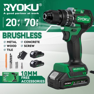 RYOKU 20V สว่านกระแทกไร้สายแบบไม่มีแปรง 10 มม. สว่านกระแทกพร้อมแบต 2 ตัว