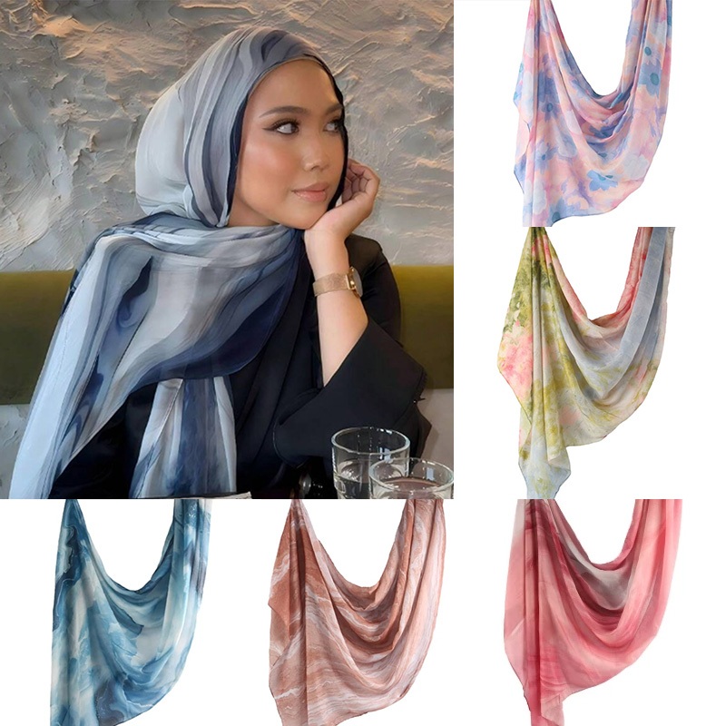 LAVEN สีน้ําพิมพ์ผ้าคลุมไหล่ผ้าฝ้าย Hijab น้ําหนักเบานุ่มมุสลิมฮิญาบผ้าคลุมไหล่ Selensang Sutera ผ้าพันคอ Headscarf