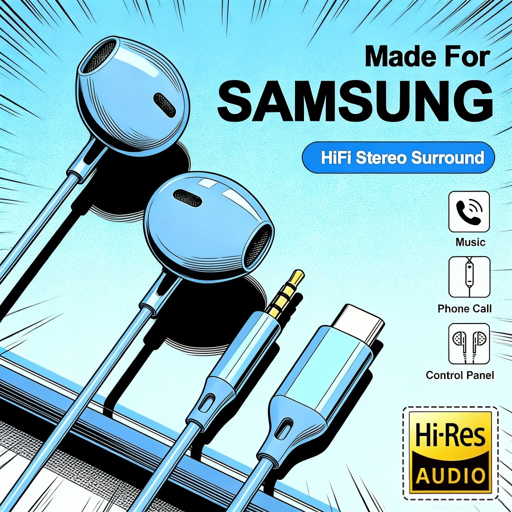 Samsung HIFI เสียงรอบทิศทางชุดหูฟังชนิดใส่ในหู USB Type C 3.5 มม.เหมาะสําหรับ Galaxy S24 S23 S22 Ultra Power สายไฟควบคุมหูฟังแบบมีสาย