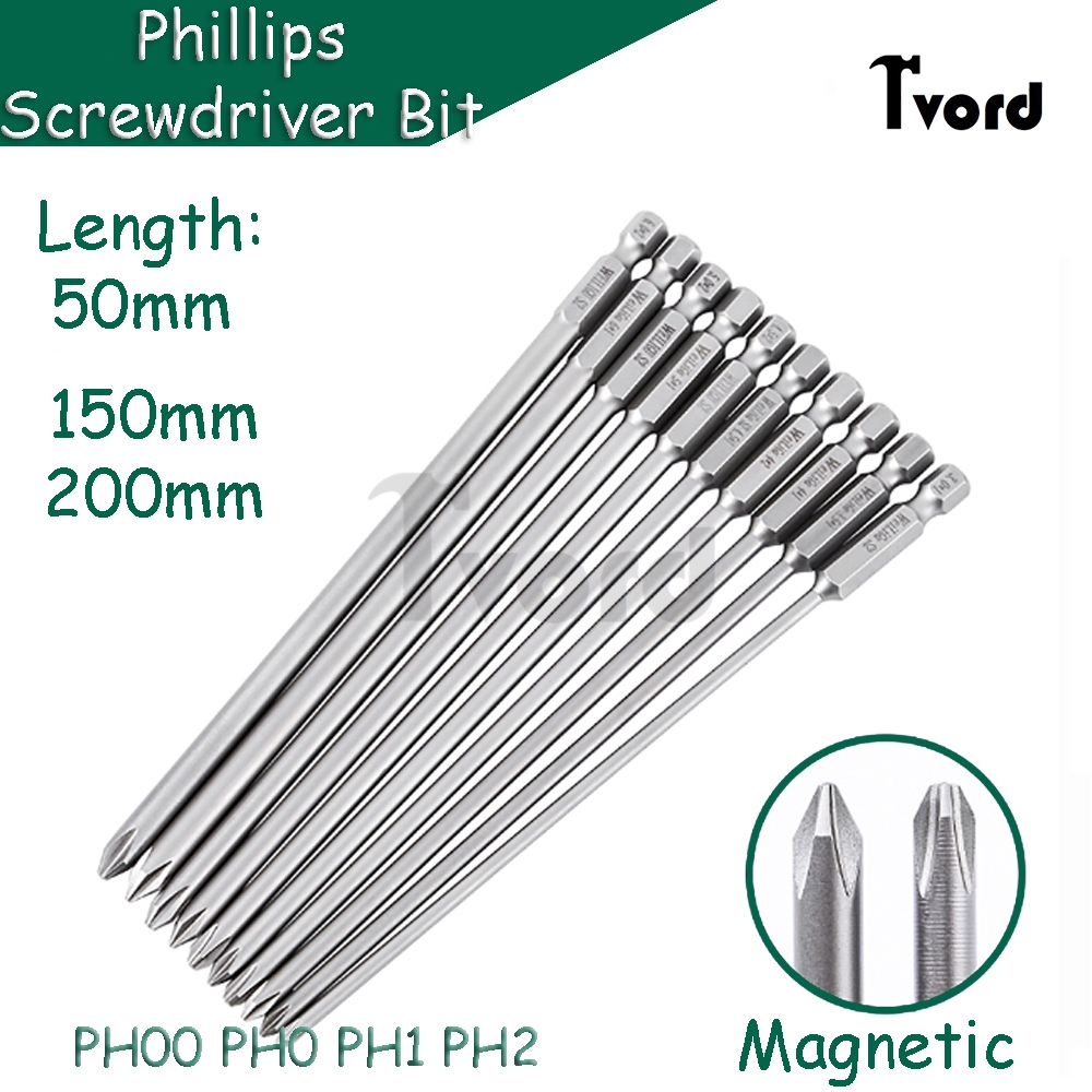 1PCS Phillips ไขควงบิต PH00 PH0 PH1 PH2 แม่เหล็ก 50/75/100/150/200 มม. ความยาว 1/4 นิ้ว. Hex Shank S2 Steel Electric Batch Head Repair