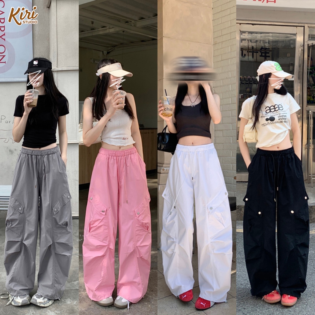 4สี กางเกงคาร์โก้ กางเกงY2K กระเป๋าพิเศษ ใส่เชือกที่เอว งานจีบด้านหน้า#101257