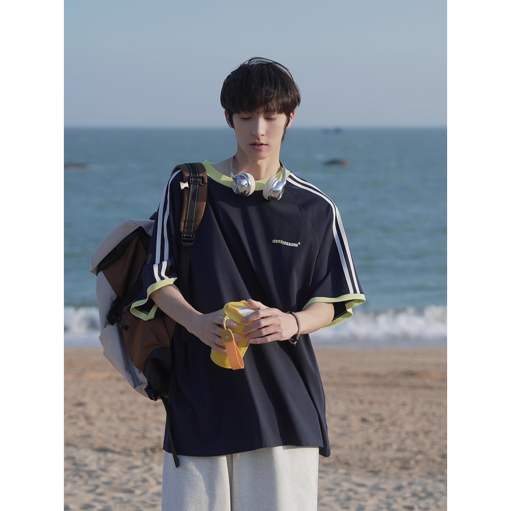 Artsman Heavy Contrast Color Stitching กีฬาเสื้อยืดแขนสั้นผู้ชาย
