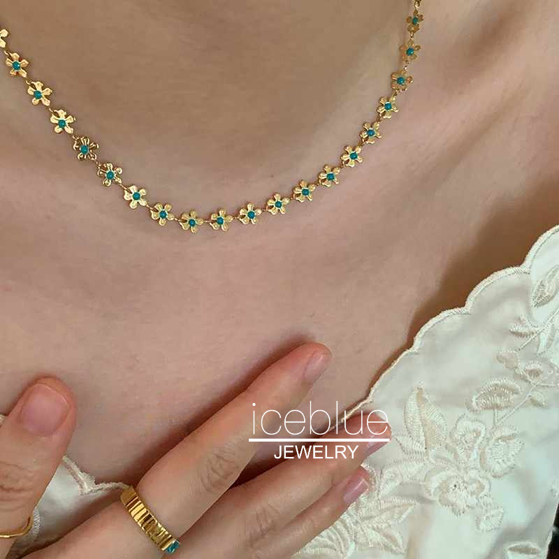 Iceblue-Golden Flower Beaded Blue Oil Dripping Necklace Choker Bracelet 18K Gold Plated Titanium Steel Waterproof Jewelry for Women N106 B21