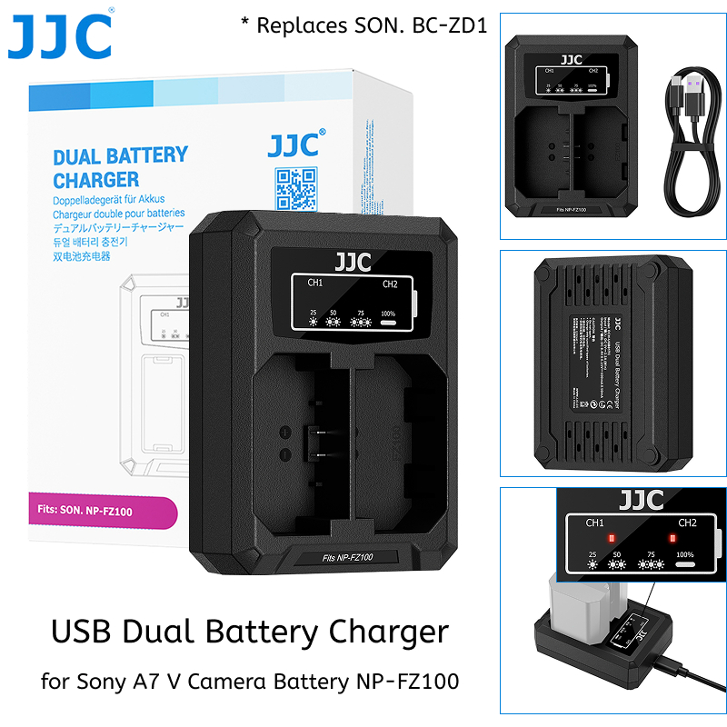 JJC NP-FZ100 Dual Battery Charger สําหรับ Sony A7 V A7M5 A7V ZVE10 II A7C II A6700 A6600 a7R V A7R5 A7M4 a7S III a9 II a1 ZV-E1 FX30, แท่นชาร์จแบตเตอรี่คู่, ด้วยสาย USB Type-C