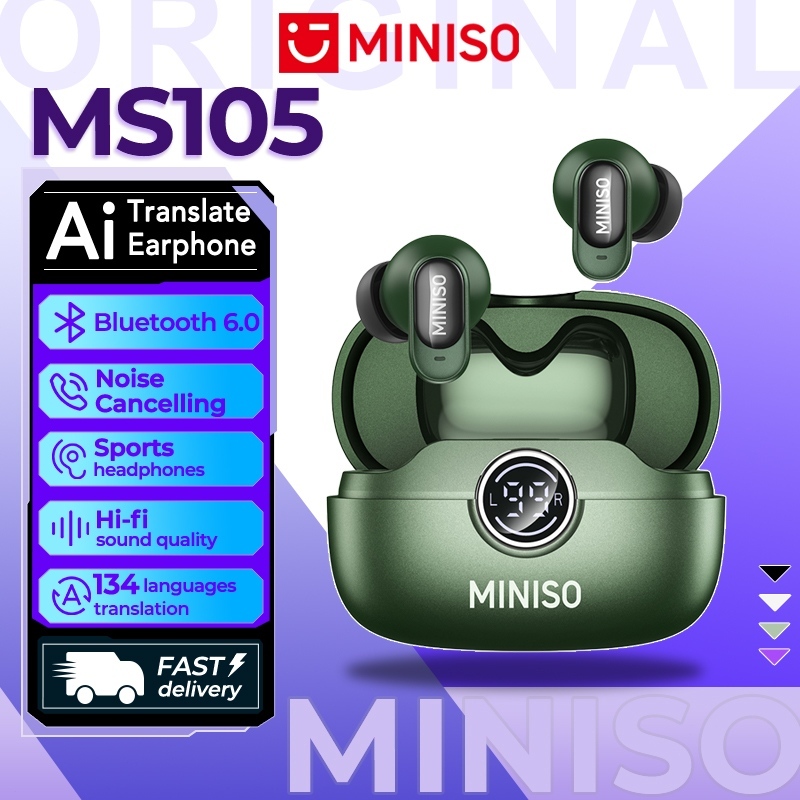 Miniso MS105 หูฟังแปลภาษา AI Bluetooth 6.0 บลูทูธ หูฟัง แปลได้ 134 ภาษา คุณภาพเสียง HiFi แบตเตอรี่ใช้งานได้นาน 55 ชั่วโมง กันน้ำ ตัดเสียงรบกวน หูฟังแบบใส่ในหู