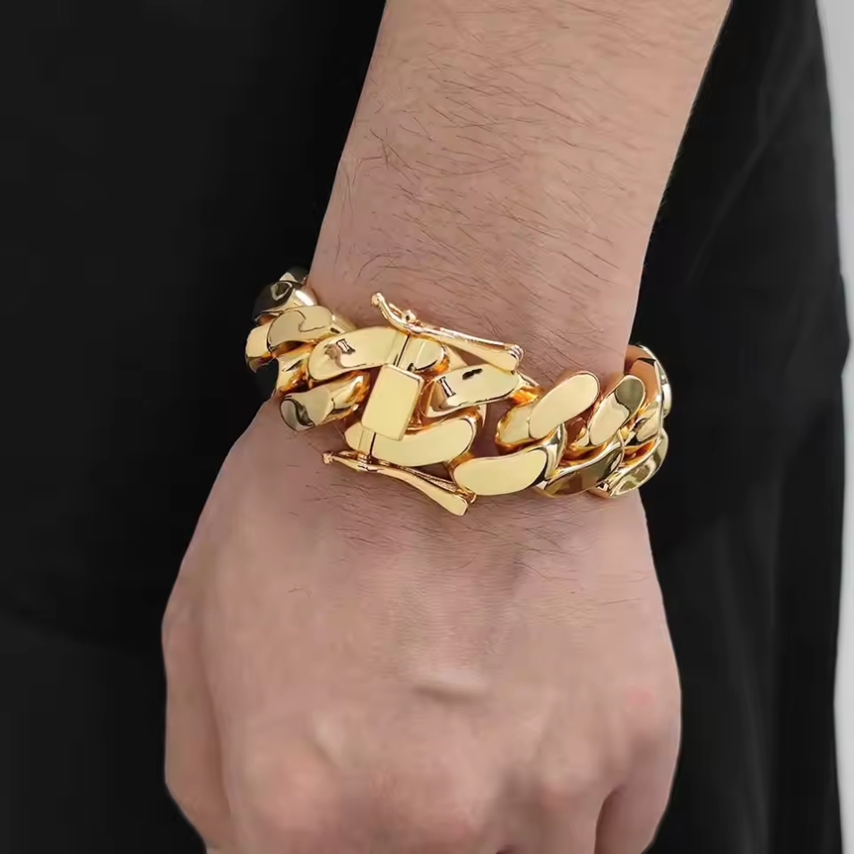 8-22 มม.Hip Hop Bling Gold สีสแตนเลสหนาแน่น Cuban Miami Link Chain สร้อยข้อมือสําหรับ 18k Gold-plated ผู้ชาย Rapper เครื่องประดับ