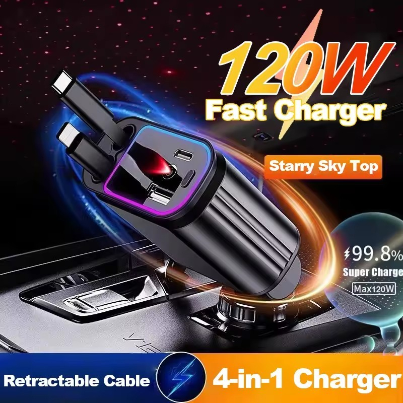 Car Charger Fast Charging USB Type C 45W 65W 100W PD Quick Charge สาย USB รถ Retractable Cable Auto 
