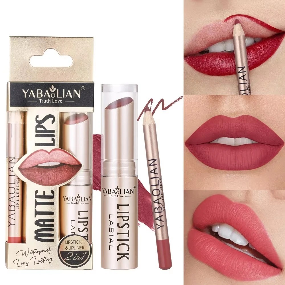 ลิปสติก 12 สี + LipLiner Set Easy Coloring Matte Lipstick ลิปสติกสีแดงนู้ดติดทนนาน High Color Rendering ไม่ซีดจางกันน้ําเหงื่อ