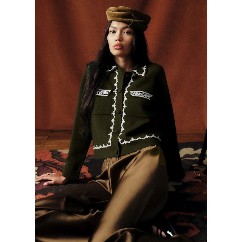 [auth] Retro ปักสีเขียวเข้ม Merino เสื้อขนสัตว์ถัก Retro Retro sezane Original Factory ผ้าดิบ