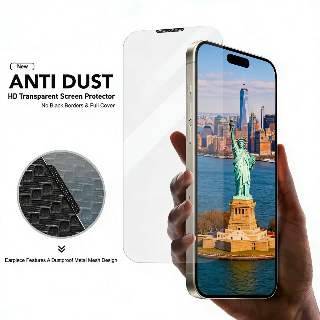 ฟิล์มกระจกนิรภัยใสไร้ขอบพร้อมตาข่ายกันฝุ่นสำหรับ iPhone 17 Air 16 15 14 Plus 11 12 13 Pro Max Xs Max Xr 16E Mini ฟิล์มกันรอยหน้าจอป้องกันการระเบิดแบบเต็มจอ