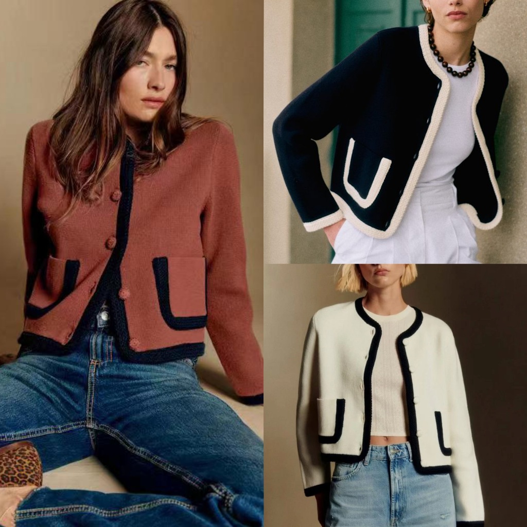 [auth] สีดํา/สีขาว/สีน้ําตาลสีแดง-Blocking ถักโครเชต์ขนสัตว์ผ้าฝ้ายผสมถักเสื้อแจ็คเก็ต Retro sezane 