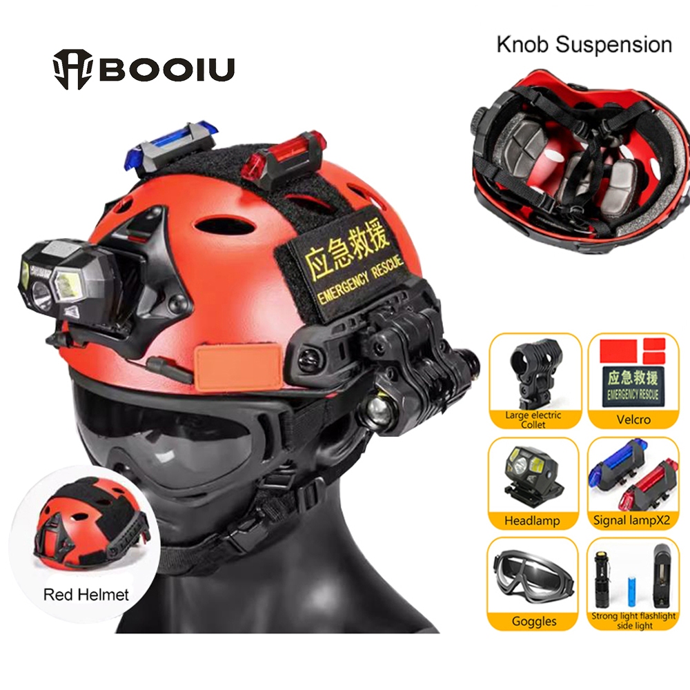 หมวกนิรภัยสีแดงสำหรับกู้ภัยและฝึกอบรม ออกแบบมาเพื่อลดน้ำหนักและใช้งานหลากหลาย