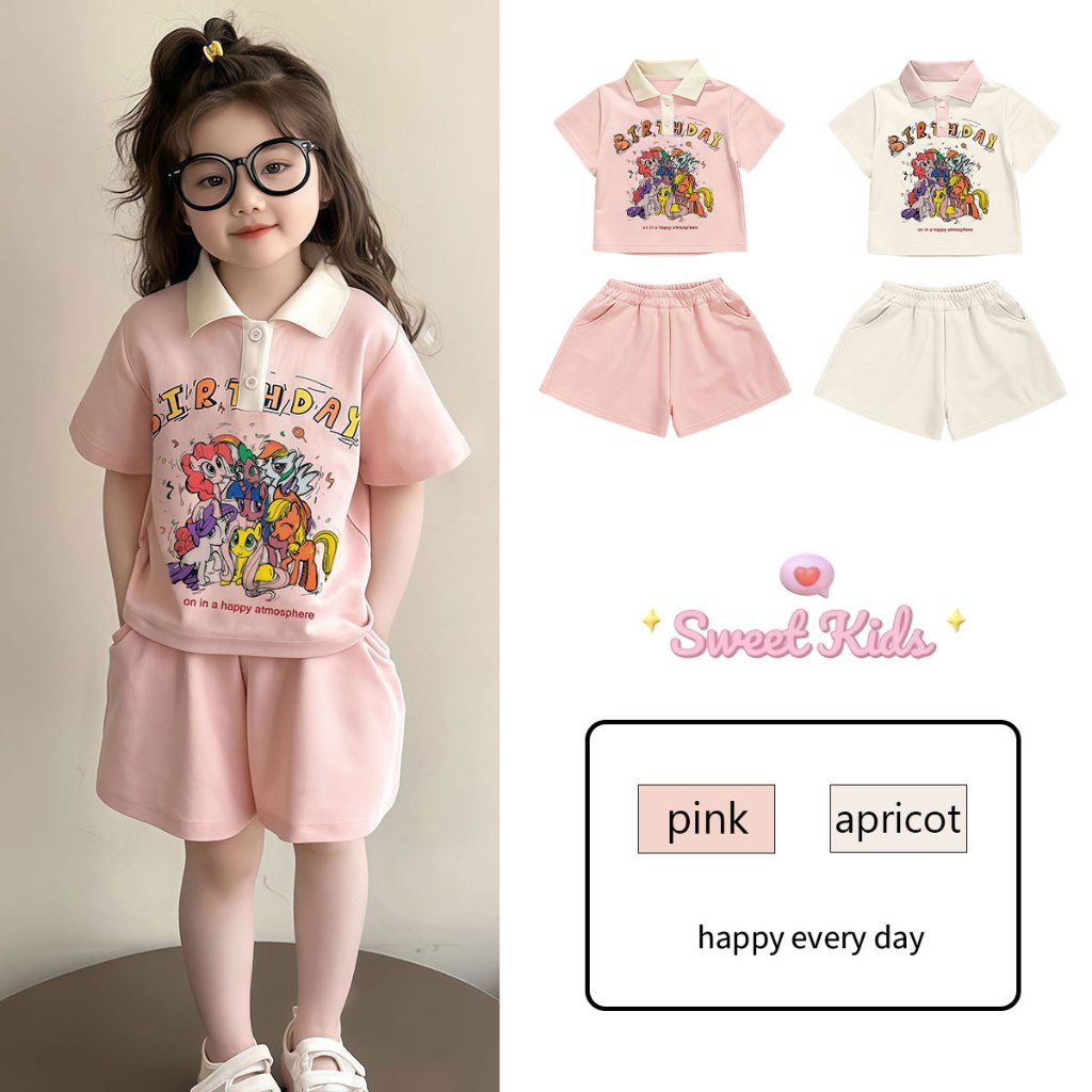 SweetKids พร้อมส่งจากกทม🌸ชุดเซ็ทแฟชั่นเด็กผู้หญิง🍓ชุดเซ็ทแขนสั้นเด็ก เสื้อ+กางเกงขาสั้น ทรงสวย ลายพิมพ์การ์ตูน ผ้านิ่ม บางและสบาย สำหรับฤดูร้อน