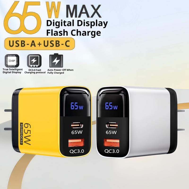 65W Charger Type C Fast Charge Charger GaN Dual Port ชาร์จเร็ว 2 ช่อง พร้อมจอแสดงผล Digital Display USB A และ USB C PD PPS QC3 0 สำหรับมือถือ Android โน้ตบุ๊ค แท็บเล็ต Essager Ugreen