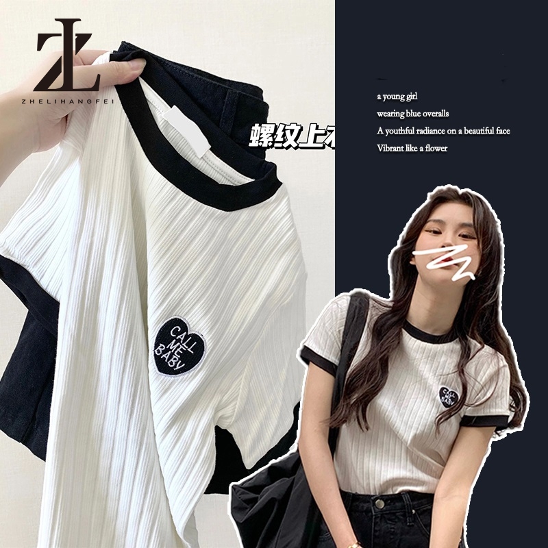 ZHELIHANGFEI เสื้อถักแขนสั้นสไตล์วิทยาลัยทุกแบบ