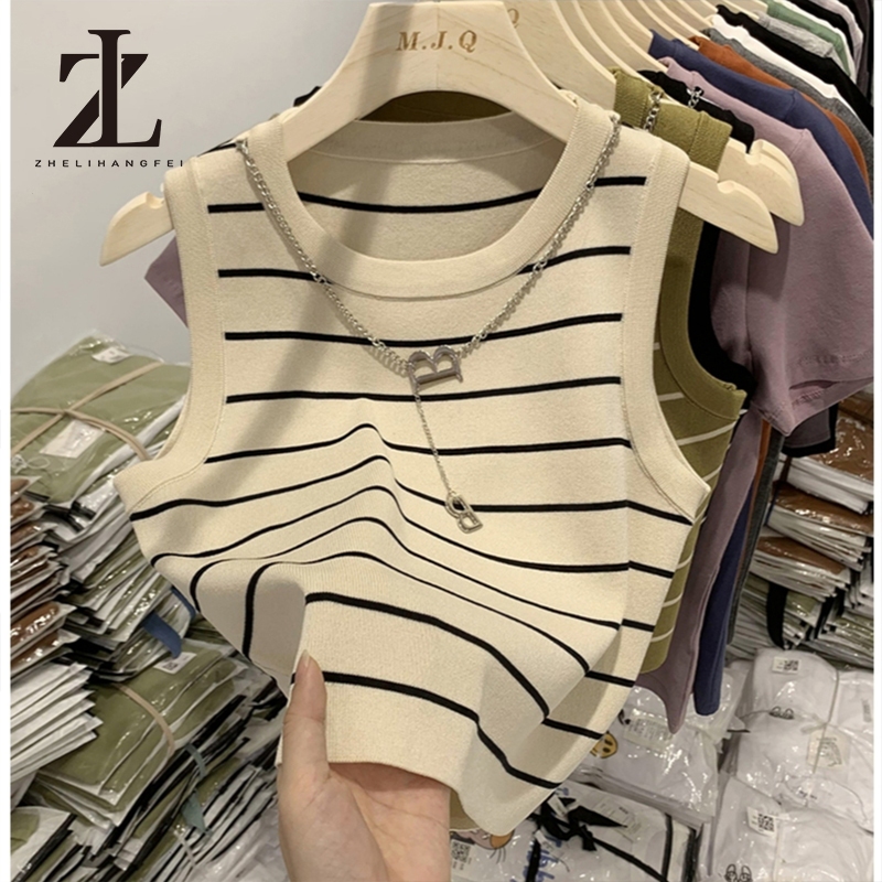ZHELIHANGFEI เสื้อสายเดี่ยว คอกลม แขนกุด เบสิก ลายทาง สไตล์ลำลอง สำหรับผู้หญิง (หลากสี)
