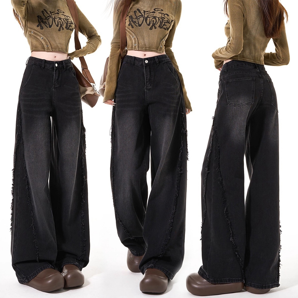 S~5XL Baggy jeans Jeans for women กางเกงยีนส์ทรงแบ๊กกี้วินเทจสีดำ ขอบดิบ สำหรับผู้หญิง ใส่สบายและใช้งานได้หลากหลายโอกาส
