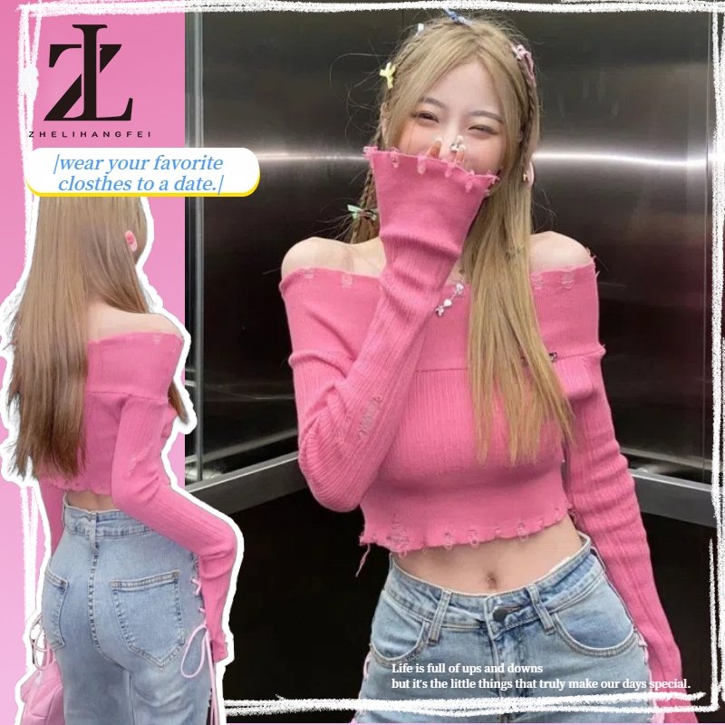 ZHELIHANGFEI เวอร์ชั่นเกาหลีแฟชั่นเซ็กซี่ผู้หญิงสีชมพูไหล่เดียวสั้นแขนยาวเสื้อถักด้านบน