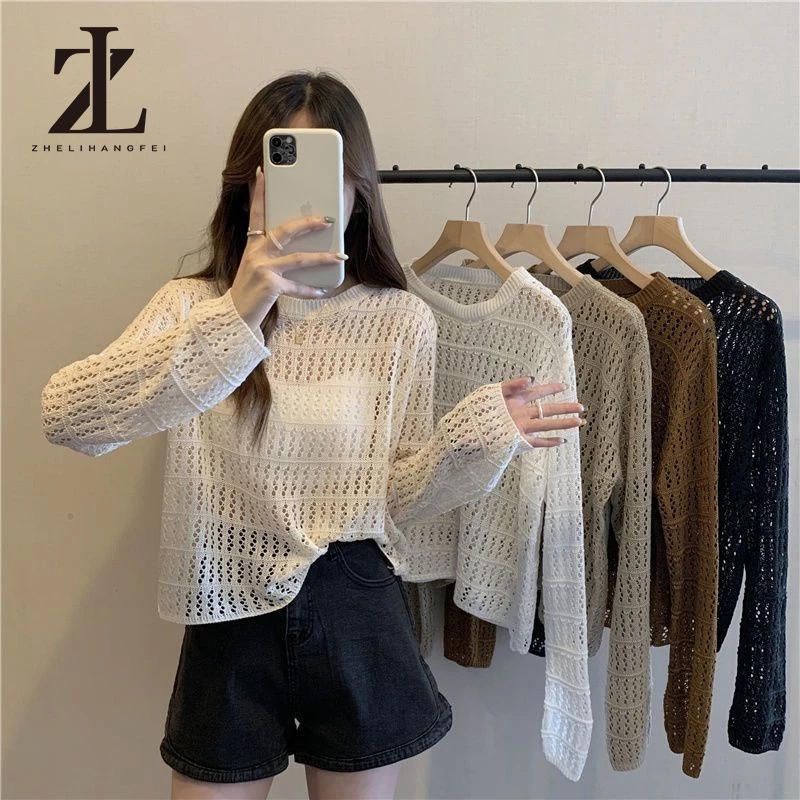 ZHELIHANGFEI เสื้อแขนยาว ผ้าถัก แบบบาง เสื้อกันแดด แบบรูกลวง แฟชั่นฤดูร้อน เสื้อไหมพรมผู้หญิง