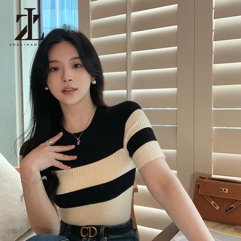 ZHELIHANGFEI  เสื้อถักลายทางใหญ่สำหรับผู้หญิง แบบเข้ารูปแขนสั้น เสื้อผ้าแนวสบาย