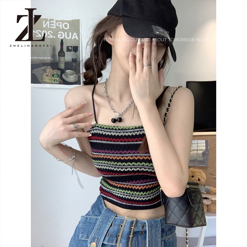 ZHELIHANGFEI สีสันลายถักเสื้อชั้นในสตรีโบฮีเมียนหวานสาวร้อนเซ็กซี่เอวสูงด้านนอกด้านบน