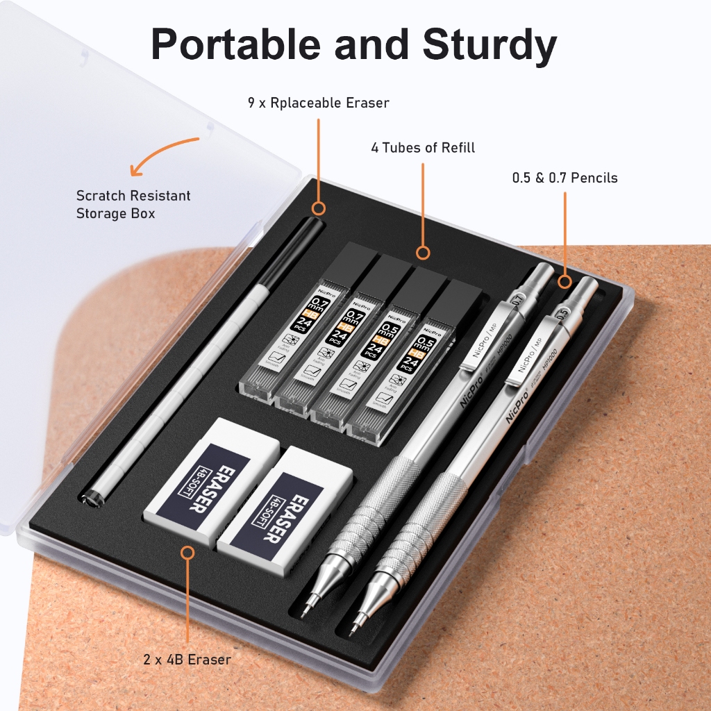 Nicpro 2 ชิ้น ดินสอกด 0.5 มม. & 0.7 มม. พร้อมเคส, MP1000 โลหะชุดดินสอศิลปินพร้อมไส้ตะกั่ว HB 4 หลอด, ยางลบ 2 อัน, ไส้ยางลบ 9 ไส้สําหรับการเขียนศิลปะการวาดภาพ, - รูปที่ 7