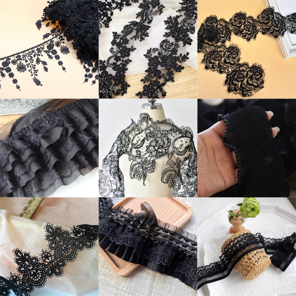 1Yard สีดําเย็บปักถักร้อยลูกไม้ Trim ริบบิ้นสําหรับเสื้อผ้าอุปกรณ์เสริม DIY ลูกไม้หัตถกรรม