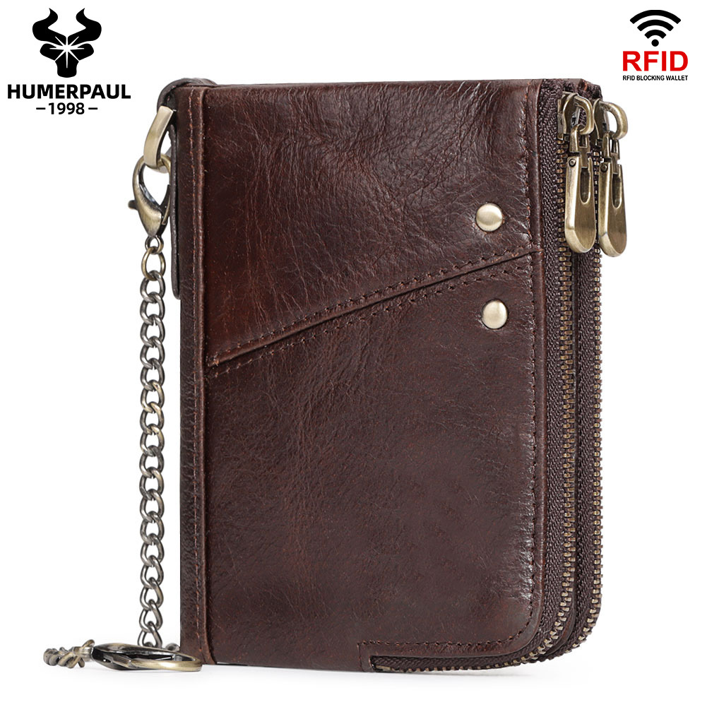RFID หนังวัว กระเป๋าสตางค์หนังแท้ผู้ชายกระเป๋าใส่เหรียญขนาดเล็กมินิผู้ถือบัตรวินเทจชายโซ่คุณภาพสูง