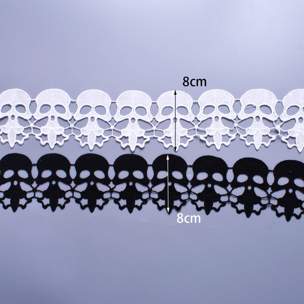 1Yard สีขาวสีดํา Skull ลูกไม้ผ้า Trim เย็บปักถักร้อย Applique สําหรับเย็บหัตถกรรมอุปกรณ์เสริม 8 ซม.กว้าง