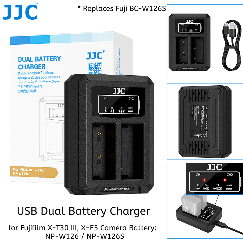 JJC NP-W126S Dual Battery Charger สําหรับ NP-W126 Fujifilm XT30III X-T30 III X-E5 XE5 X-E4 X-M5 XM5 