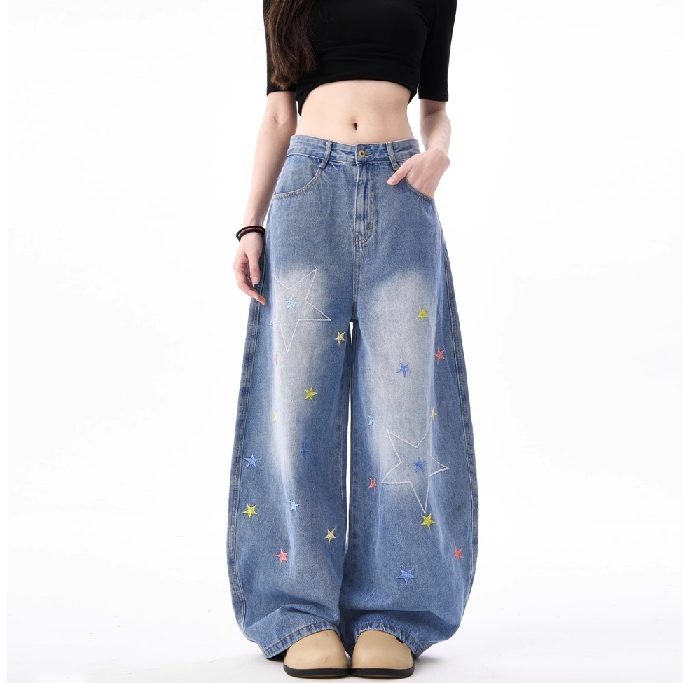Laterme S-6XL กางเกงยีนส์ขากระบอกใหญ่ขากว้าง ปลายขากว้าง เอวสูง