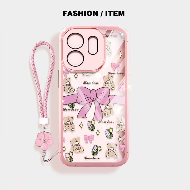 VRQR สําหรับ Oppo Reno14 Reno15 F 5G Reno 14 15 Pro 5G 14F 15F แฟชั่นดอกไม้หมีใสกันกระแทกเคสโทรศัพท์พร้อมเชือกดอกไม้