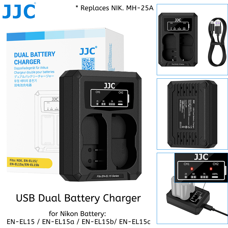 JJC EN-EL15c Dual Battery Charger สําหรับ EN-EL15b EN-EL15a EN-EL15 แบตเตอรี่ Nikon ZR Zf Z5 Z5II Z6 Z6II Z6III Z7 Z7II D850 D810A D800E D800 D750 D610 D600 D500 D7500 D7200 D7100 D7000, แท่นชาร์จแบตเตอรี่คู่, ด้วยสาย USB Type-C