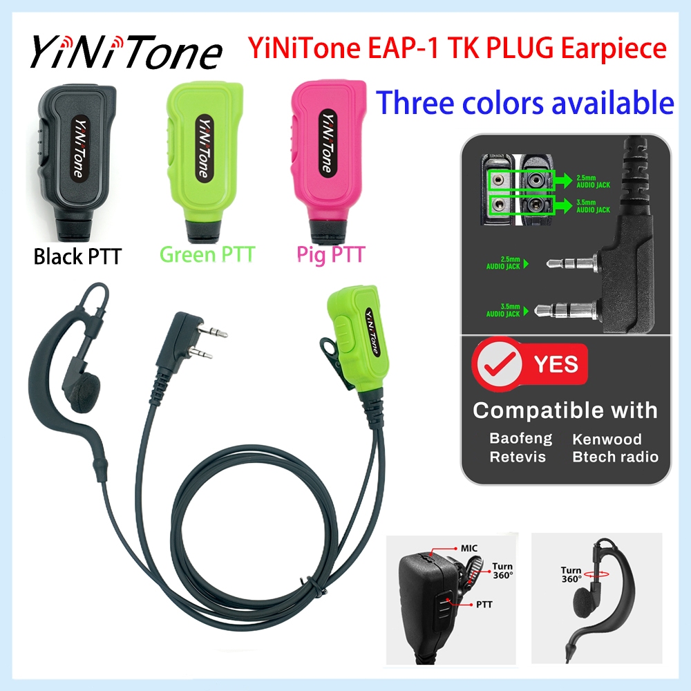 YiNiTone EAP-1P ชุดหูฟัง G-Shape พร้อม Pig PTT, 2 Pin สําหรับ Kenwood TK-2107/3107 & BaoFeng UV-5R/8
