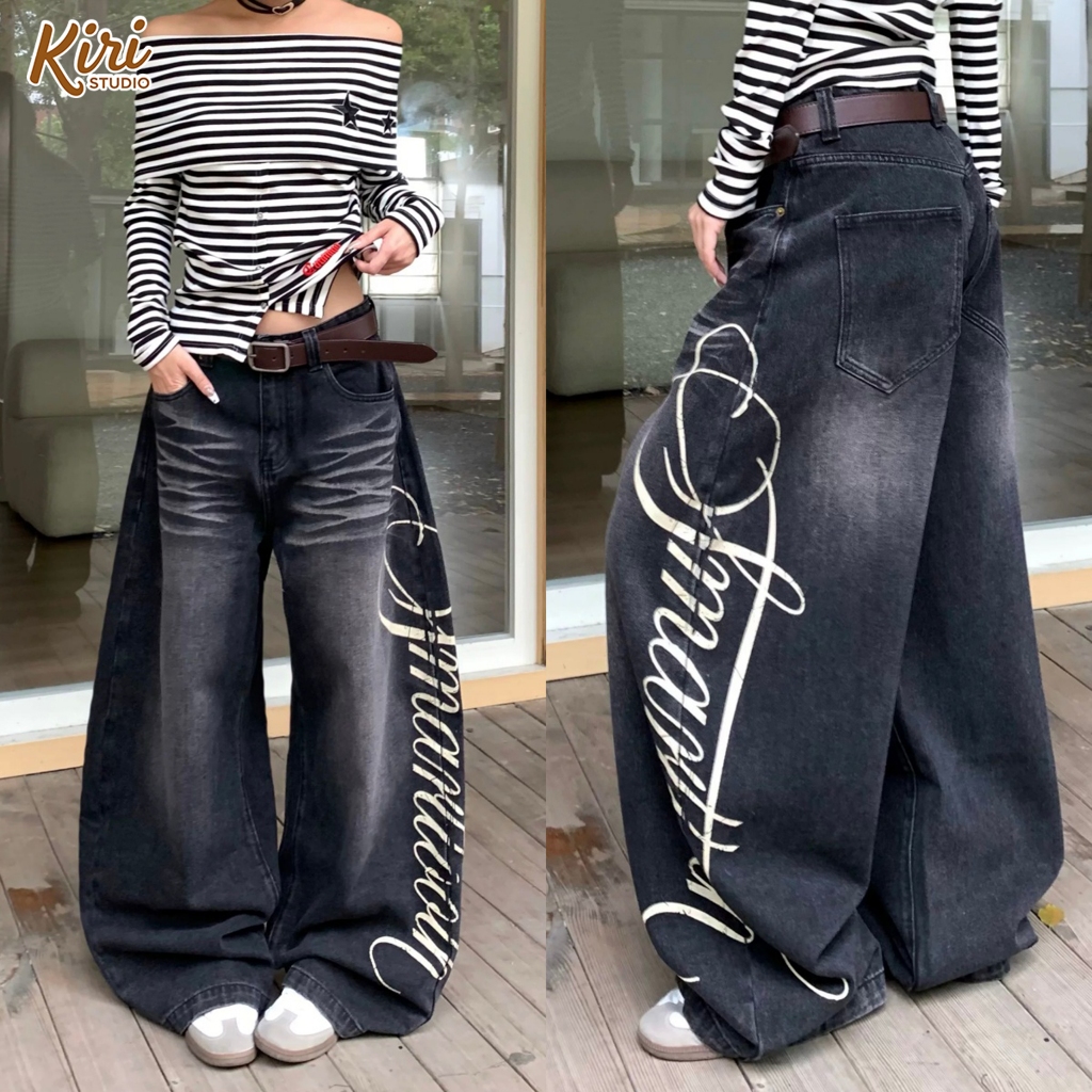 2สี กางเกงยีนส์ กางเกงยีนส์ผู้หญิง รอยเฟด ทรงหลวม กรีนอักษร#101306