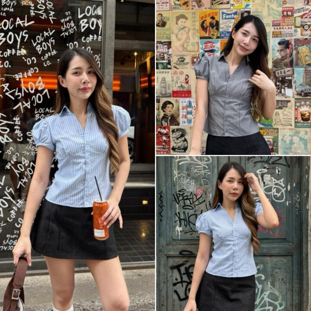 Hotgirl พร้อมส่ง เสื้อเชิ้ตคอปกสำหรับผู้หญิง กระดุมด้านหน้า ผ้าลายทาง สไตล์เกาหลีที่ดูสง่างามและเพรียวบาง
