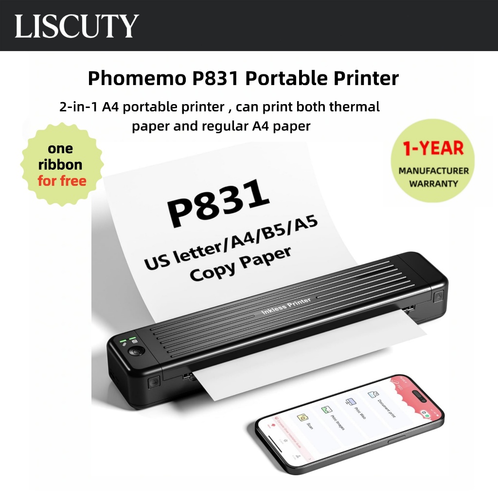 เครื่องพิมพ์พกพา A4 2-in-1 P831 ทั้งกระดาษความร้อนและกระดาษธรรมดาเครื่องพิมพ์มือถือเข้ากันได้กับมือถ