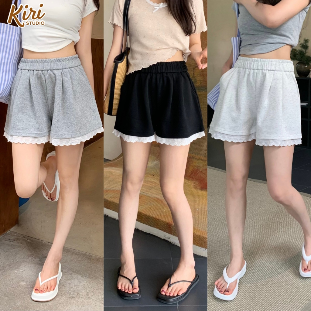 3สี กางเกงขาสั้น กางเกงลำลอง ขอบลูกไม้ เอวมีจับจีบ ใส่กับอะไรก็เริ่ด#101264
