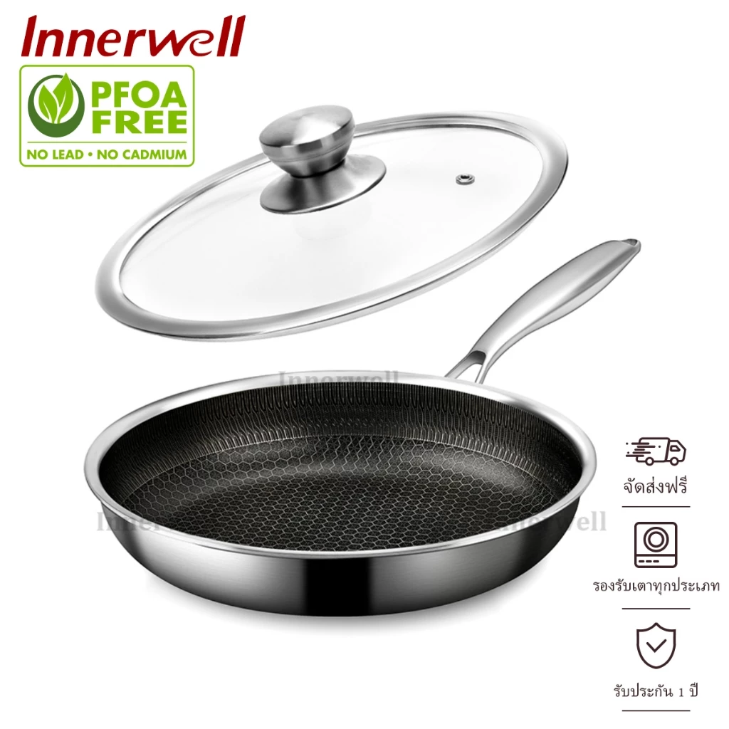 Innerwell กระทะสแตนเลส กระทะนอนสติ๊กพร้อมฝาปิด 8/9.5/11 นิ้วกระทะสแตนเลสรังผึ้งสําหรับแก๊สเตาเซรามิกเหนี่ยวนําไฟฟ้าและเตาอบ